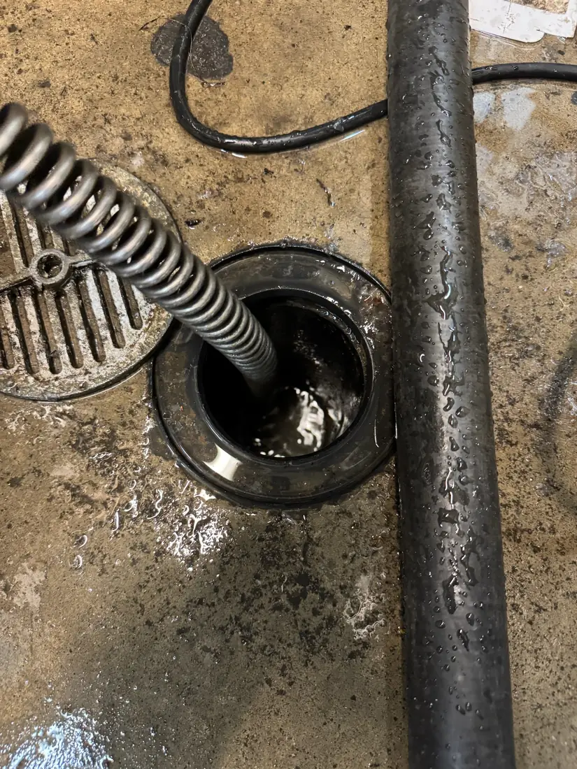 Running a drain auger into a basement floor drain to clear a blocked line