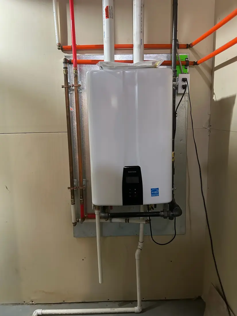 Navien condensing tankless water heater installed with PEX and copper